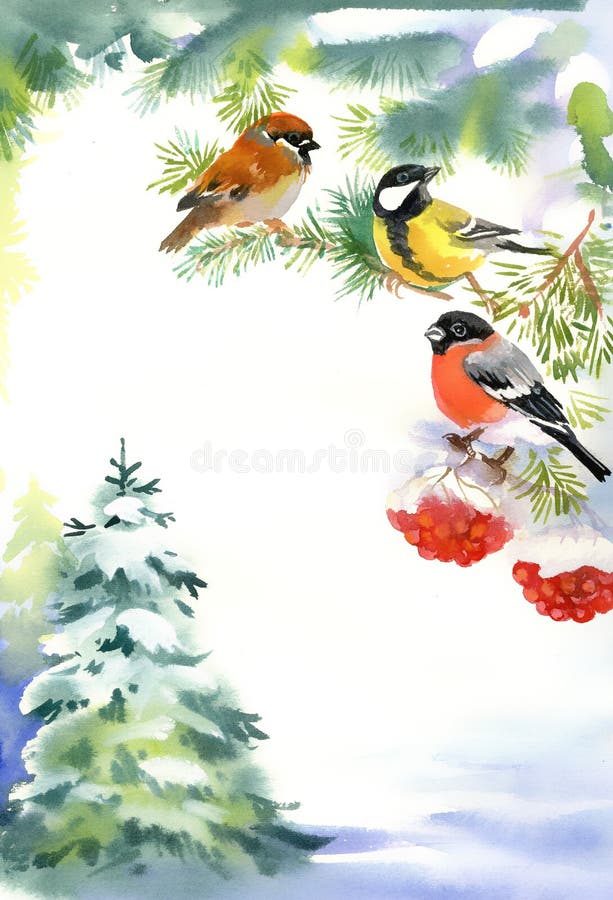 Dos pájaros y piñoneros en la rama nevosa stock de ilustración Dos pájaros y piñoneros en la rama nevosa stock de ilustración