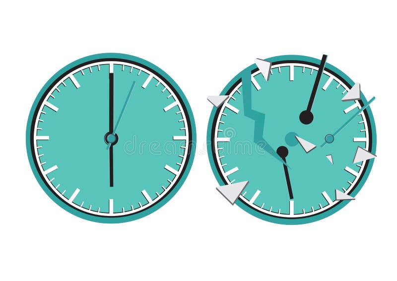 Dos relojes Uno de ellos roto Concepto de plazo, falta de tiempo, descuido o pérdida de tiempo ilustración del vector