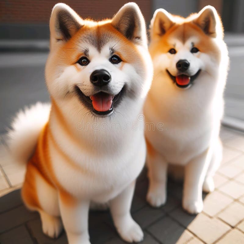 Dos retratos de mascotas akita inu sentados en el suelo sonriendo y sintiéndose feliz stock de ilustración
