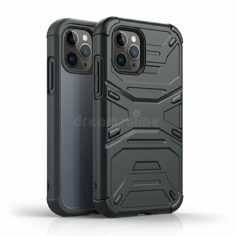 Dos smartphones con estuches protectores negros de gran resistencia con patrones geométricos. libre illustration