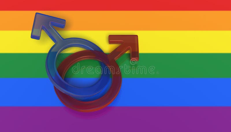Dos símbolos masculinos en una bandera del arco iris stock de ilustración Dos símbolos masculinos en una bandera del arco iris stock de ilustración
