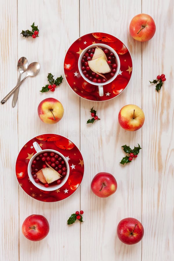 Dos tazas con el jugo de fruta caliente de la Navidad con las especias y las bayas foto de archivo Dos tazas con el jugo de fruta caliente de la Navidad con las especias y las bayas foto de archivo