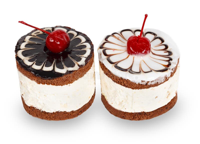 Two chocolate cakes with cherry isolated on white bacground. Two chocolate cakes with cherry isolated on white bacground
