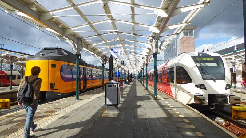 Dos trenes de cercanías coloridos aguardan a pasajeros en una estación de ferrocarril en Leeuwarden en los Países Bajos
