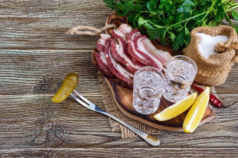 Dos vasos de medida de vodka con el limón cortan, conservaron en vinagre los pepinos y el pan de centeno con tocino salado en el foto de archivo Dos vasos de medida de vodka con el limón cortan, conservaron en vinagre los pepinos y el pan de centeno con tocino salado en el foto de archivo
