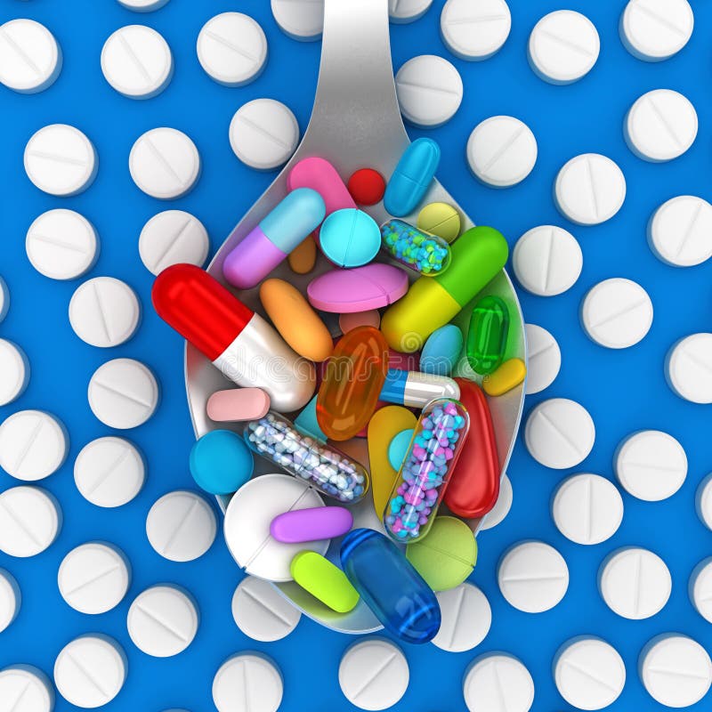 Dose delle pillole variopinte in cucchiaio illustrazione di stock