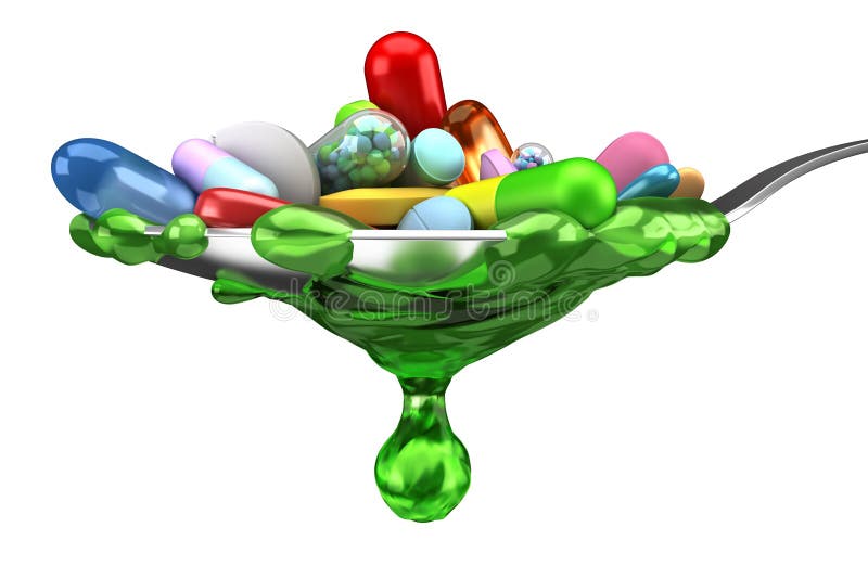 Dose delle pillole variopinte e della medicina in cucchiaio illustrazione di stock