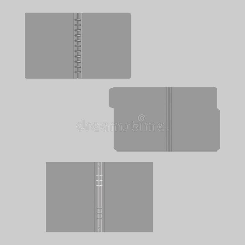 Dossier gris ouvert avec les dossiers coupés d'étiquette, de disque et de reliure à anneaux, maquette illustration de vecteur Dossier gris ouvert avec les dossiers coupés d'étiquette, de disque et de reliure à anneaux, maquette illustration de vecteur