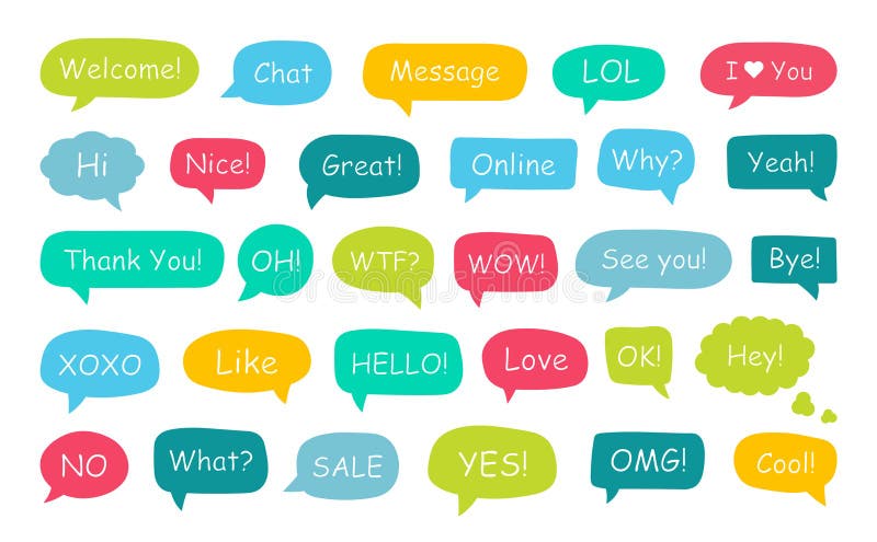 Set of speech bubbles. Yes, thank you, hello, wow, welcome, bye, ok, omg, wow, oh, xoxo, what, like, love, nice, great, cool, sale. Yes, thank you, hello, wow, welcome, bye, ok, omg, wow, oh, xoxo what like love nice great cool sale lol hi Vector illustration.