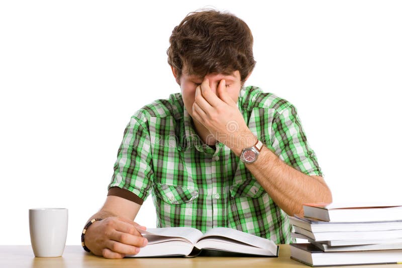 Student tired of reading his books, isolated on white. Student tired of reading his books, isolated on white