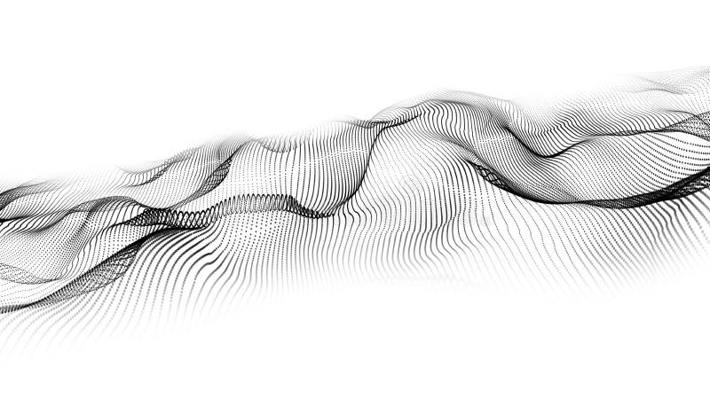 Dot abstract digital wave black particles array 3D rendering wireframe white background stock illustration