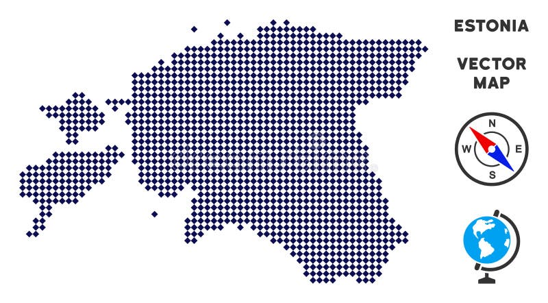 Pixelated Estonia Map. Dot Estonia map. Abstract territorial map. Pixels have rhombic shape and dark blue color. Vector pattern of Estonia map designed of rhombic element grid.