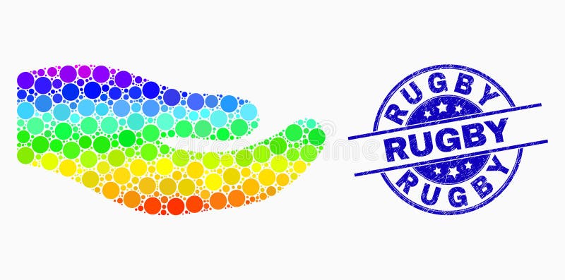 Vector Rainbow Colored Pixel Human Hand Icon and Grunge Rugby Stamp Seal vector illustration Vector Rainbow Colored Pixel Human Hand Icon and Grunge Rugby Stamp Seal vector illustration