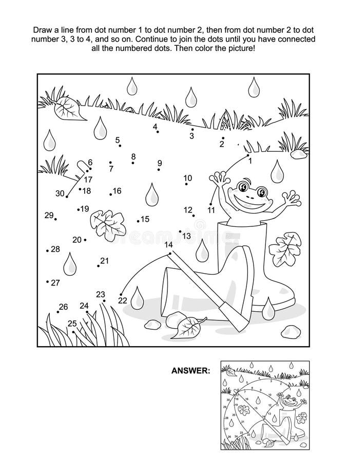 Dot-to-dot and coloring page - umbrella, gumboots, frog