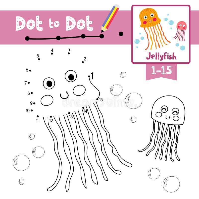 Dot to dot educational game and Coloring book Pink and orange Jellyfish animal cartoon character vector illustration