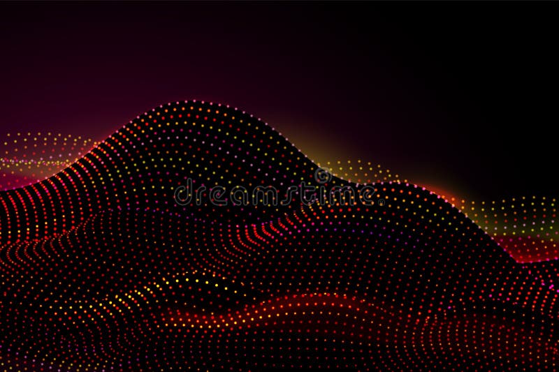 Dots digital landscape. Abstract technology sound wave, data science particles background. Lights grid surface recent stock illustration