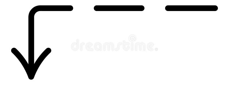 Dotted arrow. Black pointer bent at right angle, pointing left and down. Illustration. Doodle style royalty free illustration