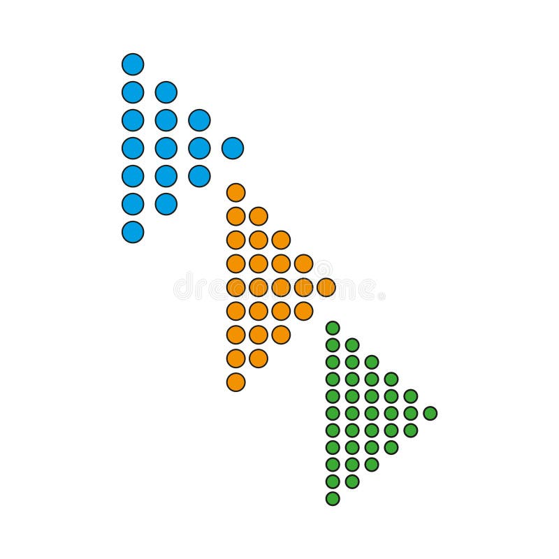 Dotted arrow icons. Directional point shape. Vector dot pattern. Colorful movement image. EPS 10.