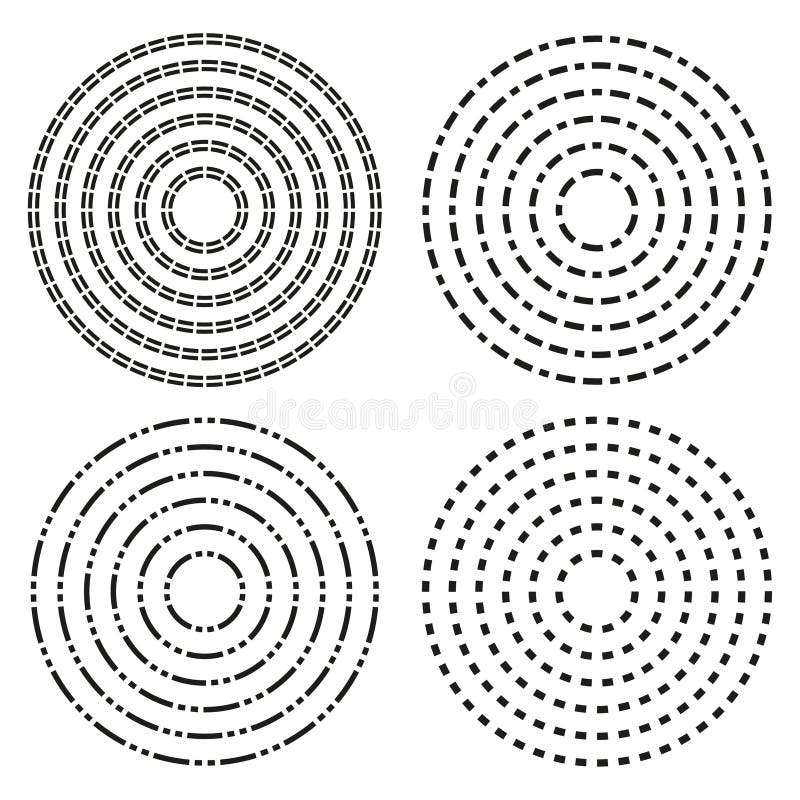 Dotted circle patterns. Line dash shapes. Abstract geometric Vector. Radial element collection. stock illustration