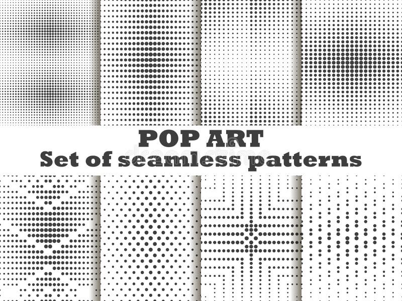 Dotted, Pop Art seamless pattern set. Halftone dots background. Black and white color. Vector