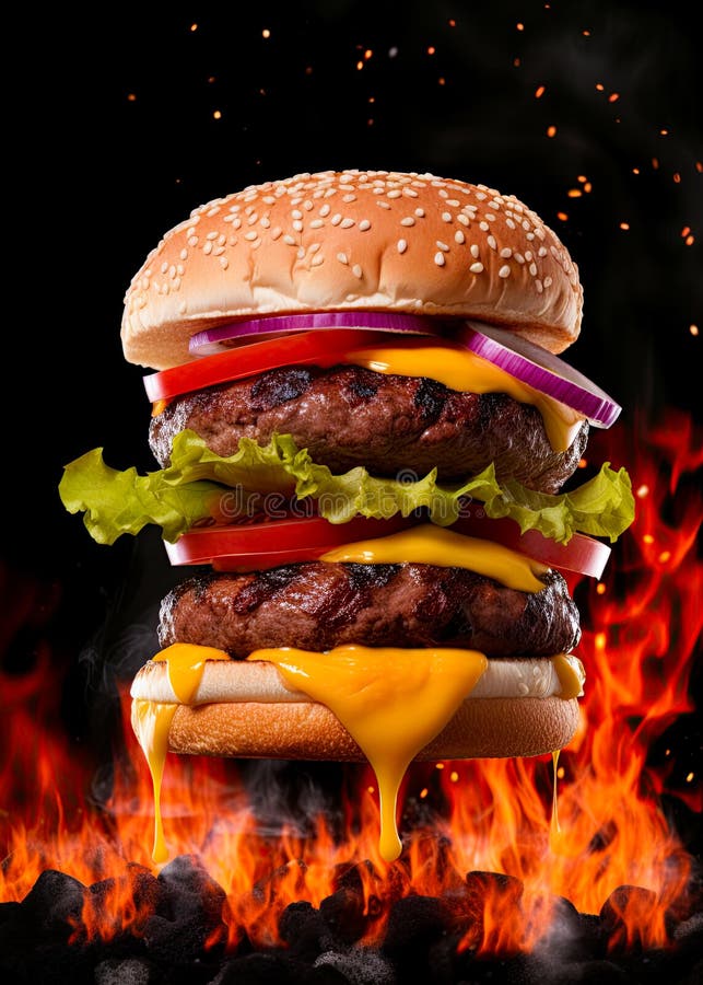 Doubble Burger on Barbecue Grilled Over the Hot Coals and Fire