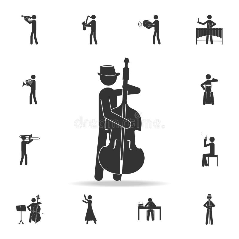 Double bass player with a contrabass icon, mobile. Detailed set of music icons. Premium quality graphic design. One of the collect stock illustration
