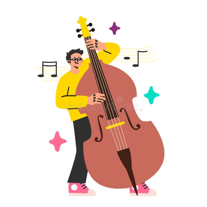 Double bass player. Male character performing music with big string stock illustration