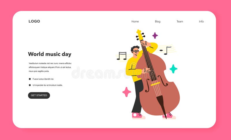 Double bass player web banner or landing page. Male character vector illustration