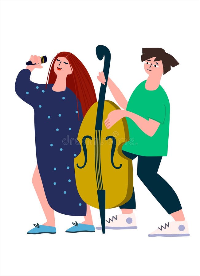 Double bass and vocal duet performance. Vector illustration in flat style stock illustration