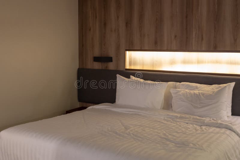 Double Bed and Two Pillows White Cotton Blanket with Warm Light Stock