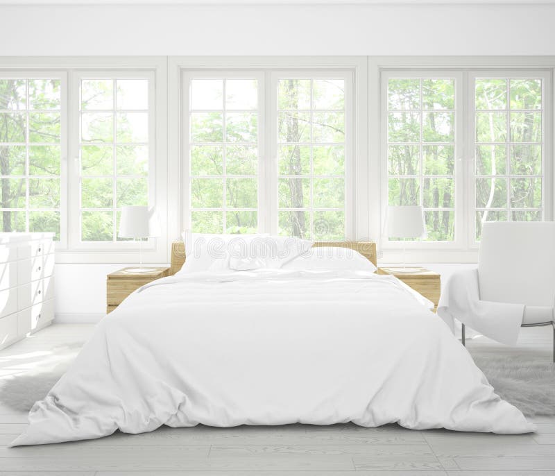 Double Bed with White Bedding in a Bright Room with Many Windows Stock Illustration