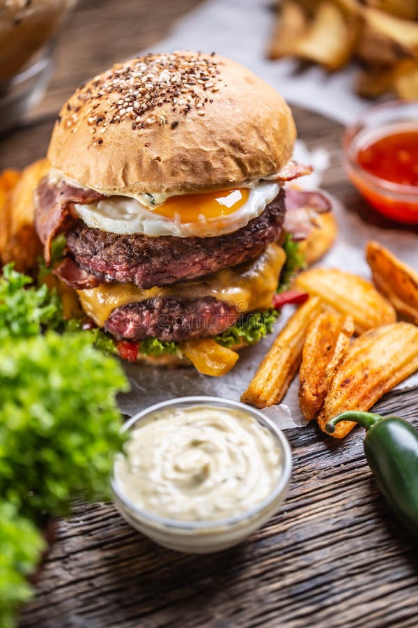 Double Beef Bacon Burger with Cheese and Lettuce, Eggs, Potato Chips