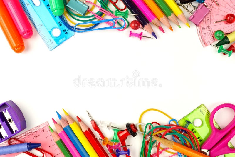 Double border of school supplies over white