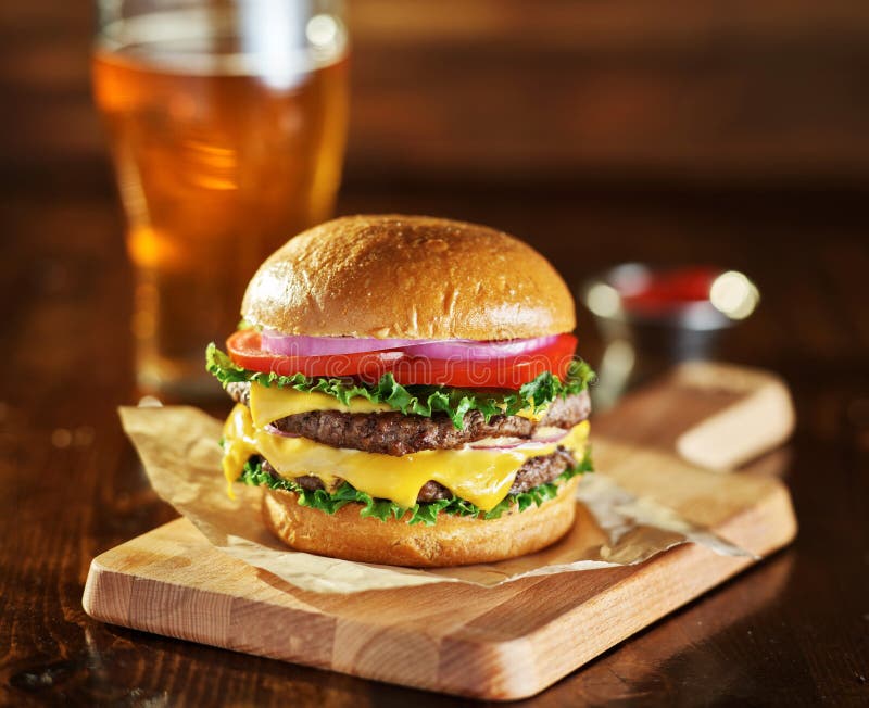 Double cheese burger with beer