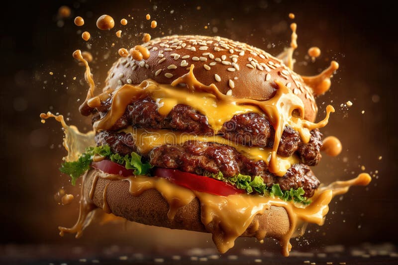 Double cheeseburger with melted cheese and sauce splashing creates a vivid, appetizing image. Floating sesame bun layers stock photos
