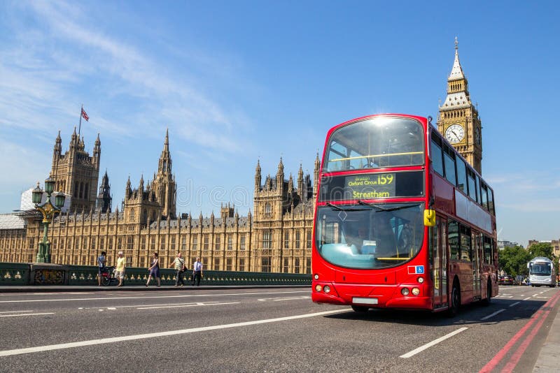 Big Ben red double decker bus London, UK