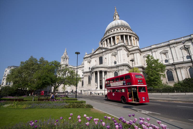 Double decker passing by front of St Paul royalty free stock photo