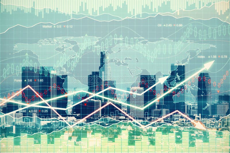 Double explosure with business graph with arrows and financial c stock images Double explosure with business graph with arrows and financial c stock images