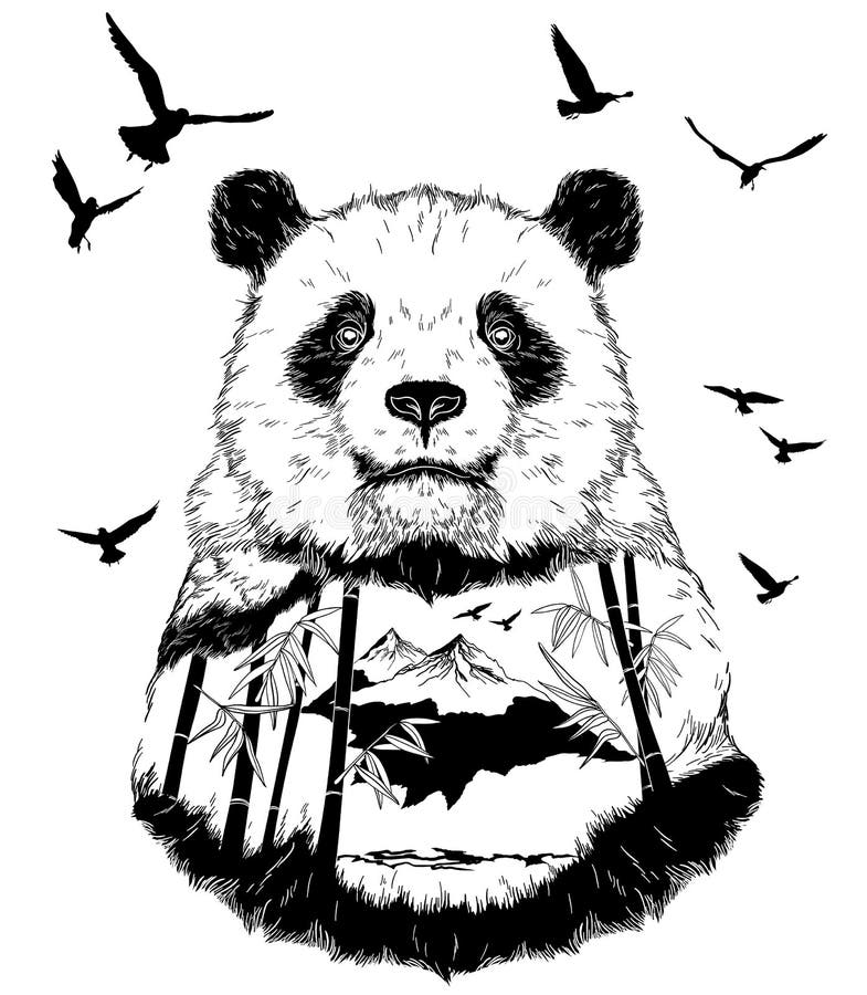 Double exposition de vecteur, panda tiré par la main illustration libre de droits Double exposition de vecteur, panda tiré par la main illustration libre de droits