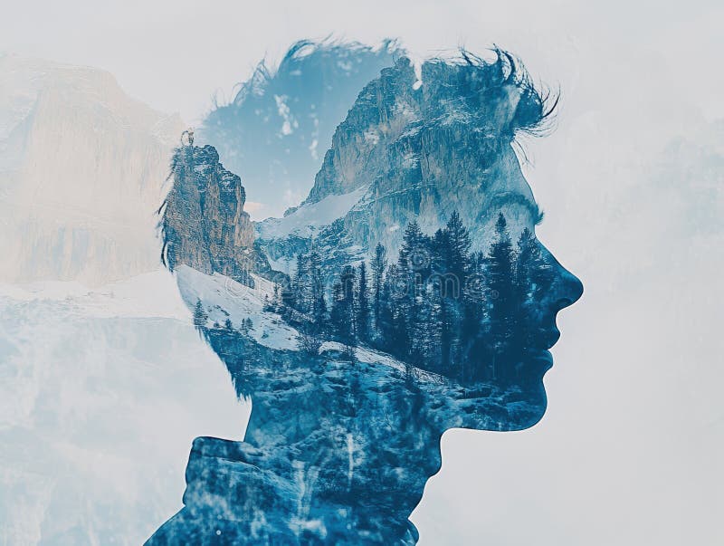 Double exposition image d'une personne et majestueuse montagne vista illustration libre de droits