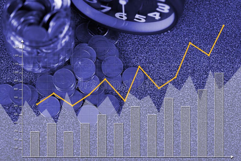 Double exposure of alarm clock and step of coins stacks with coin in glass jar and financial graph, time for savings money royalty free stock photography