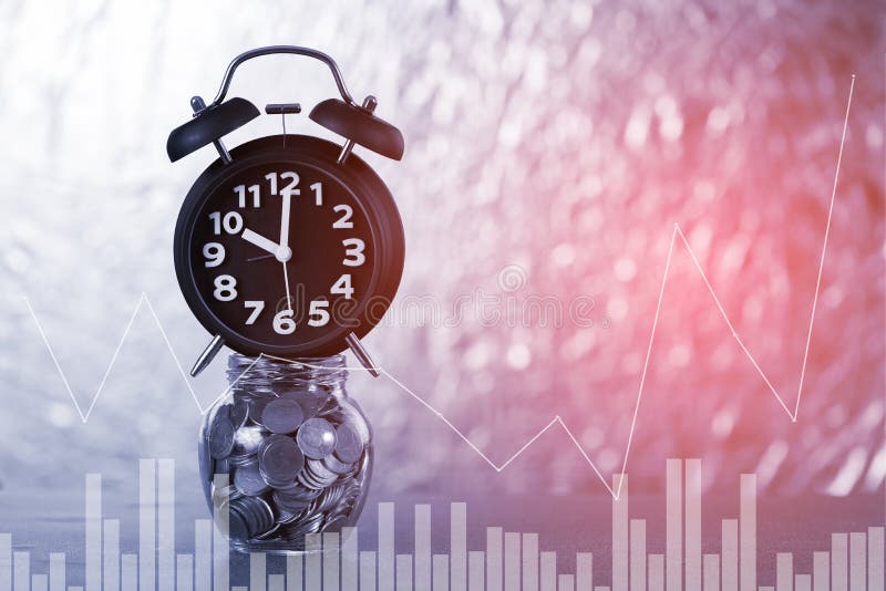 Double exposure of alarm clock and step of coins stacks with coin in glass jar with financial graph, time for savings money stock photos