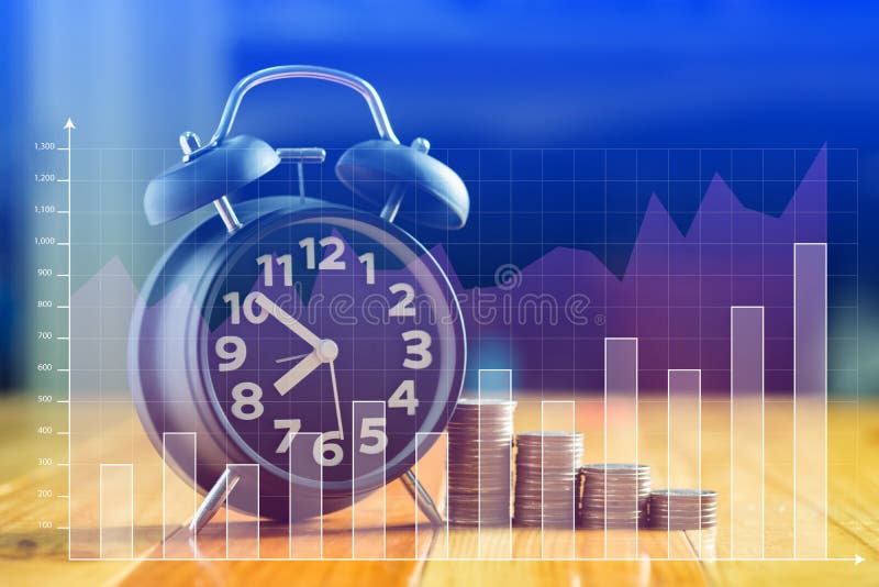 Double exposure of alarm clock and step of coins stacks on working table with financial graph, time for savings money concept. royalty free stock photos