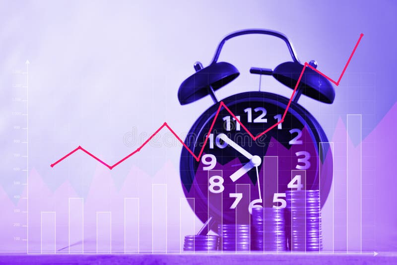 Double exposure of alarm clock and step of coins stacks on working table with financial graph, time for savings money concept. stock photos