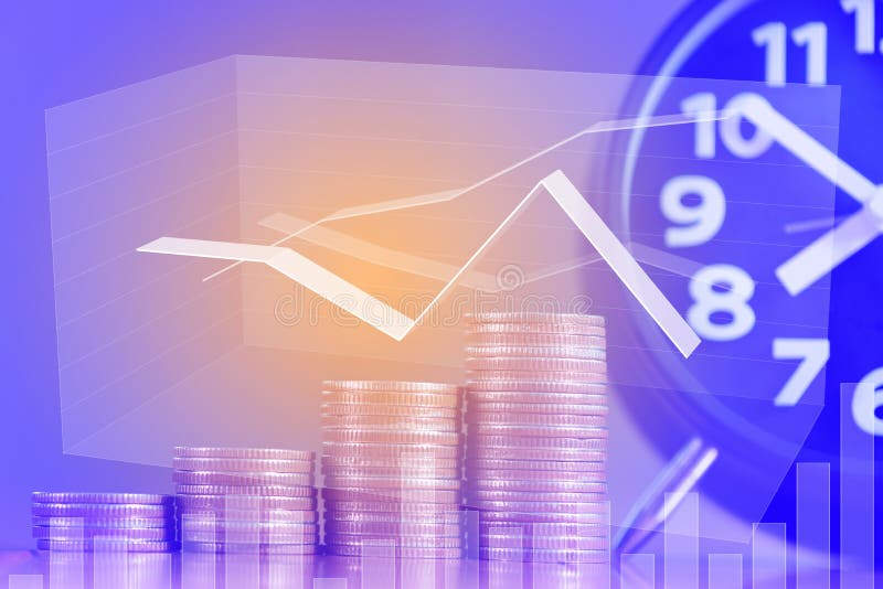 Double exposure of alarm clock and step of coins stacks on working table with financial graph, time for savings money concept. royalty free stock image