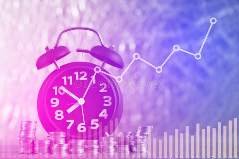 Double exposure of Alarm clock and step of coins stacks on working table with financial graph chart, time for savings money stock photo