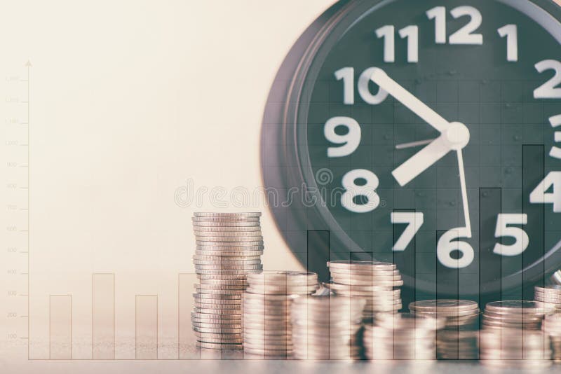 Double exposure of alarm clock and step of coins stacks on working table with financial graph chart, time for savings money royalty free stock images