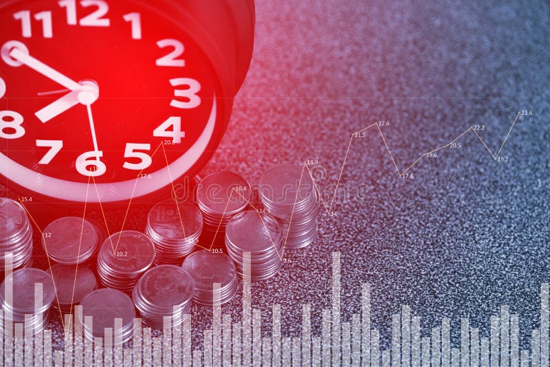 Double exposure of Alarm clock and step of coins stacks on working table, time for savings money concept royalty free stock photos