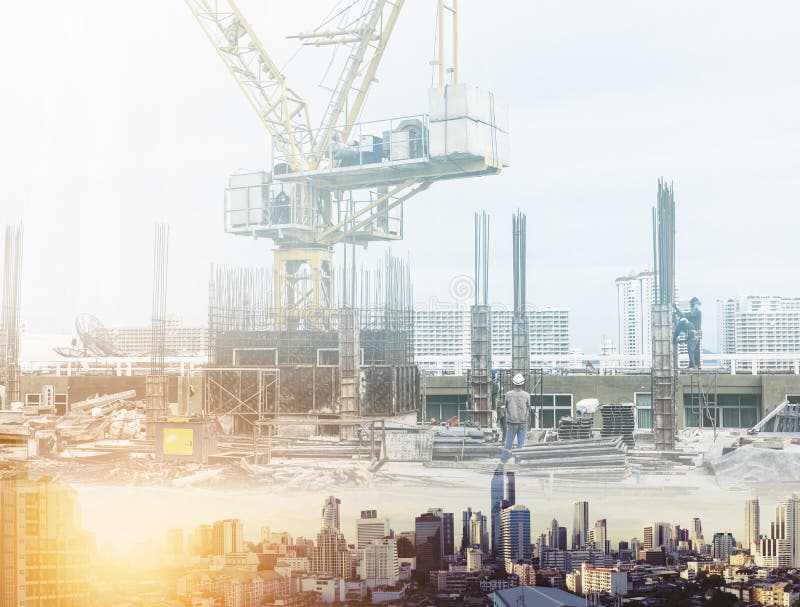 Double Exposure Bangkok City Sunset Real Estate Site Construction