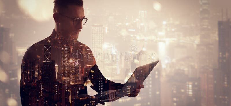 Double exposure bearded businessman wearing black shirt and glasses. Banker holding contemporary notebook hands, online royalty free stock image Double exposure bearded businessman wearing black shirt and glasses. Banker holding contemporary notebook hands, online royalty free stock image